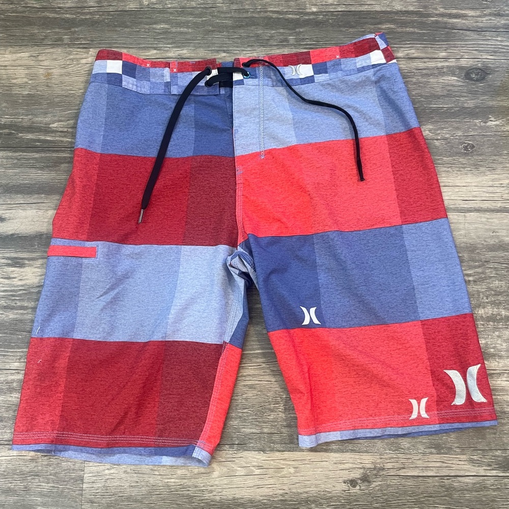 Hurley Men's Bold Red and Blue Plaid Board Shorts